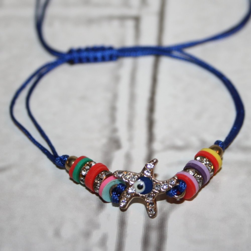 Beautiful blue and colorful starfish with evil eye bracelet adjustable
